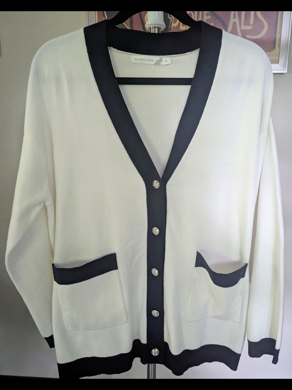Altar'd State Cream and Black Button-Front Cardigan